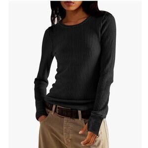New Morhuduck Women's Black Waffle Knit Long Sleeves Slim Fit Pullover Shirt M